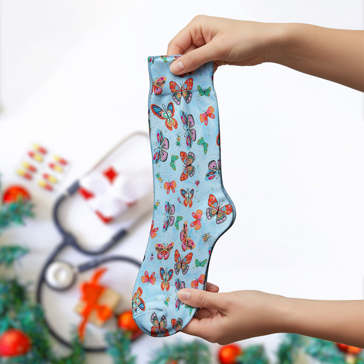 Colorful Butterfly Garden Pattern Socks, Breathable Fabrics Medical Uniform