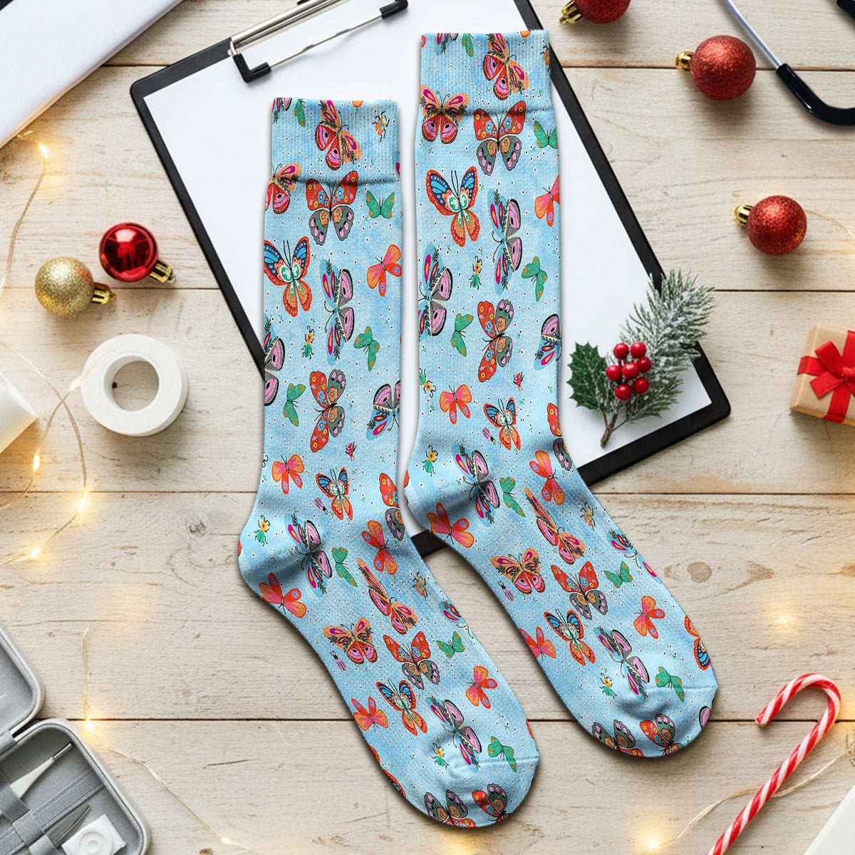 Colorful Butterfly Garden Pattern Socks, Breathable Fabrics Medical Uniform
