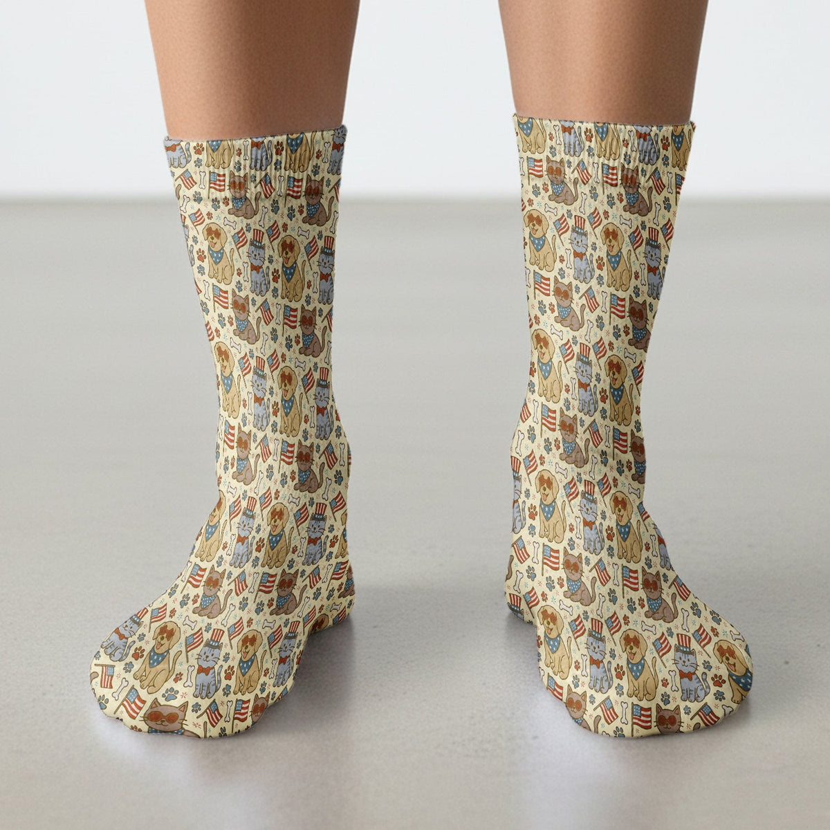 American Flag Patriotic Cat & Dog Pattern Socks, Adult Socks for Men and Women