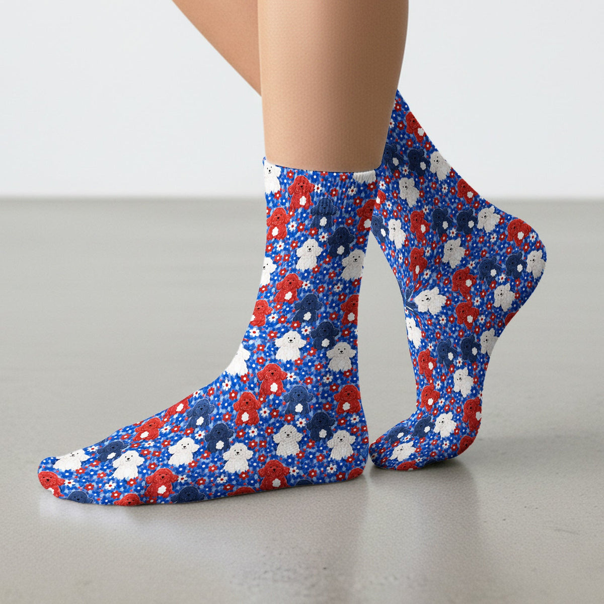 Cute Poodle Floral Garden Print Socks, Adult Socks for Men and Women