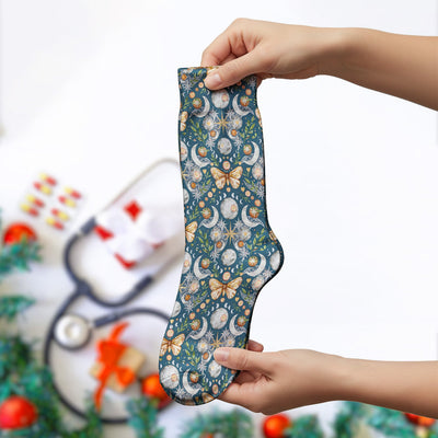 Celestial Butterfly Moonlight Pattern Socks, Adult Socks for Men and Women