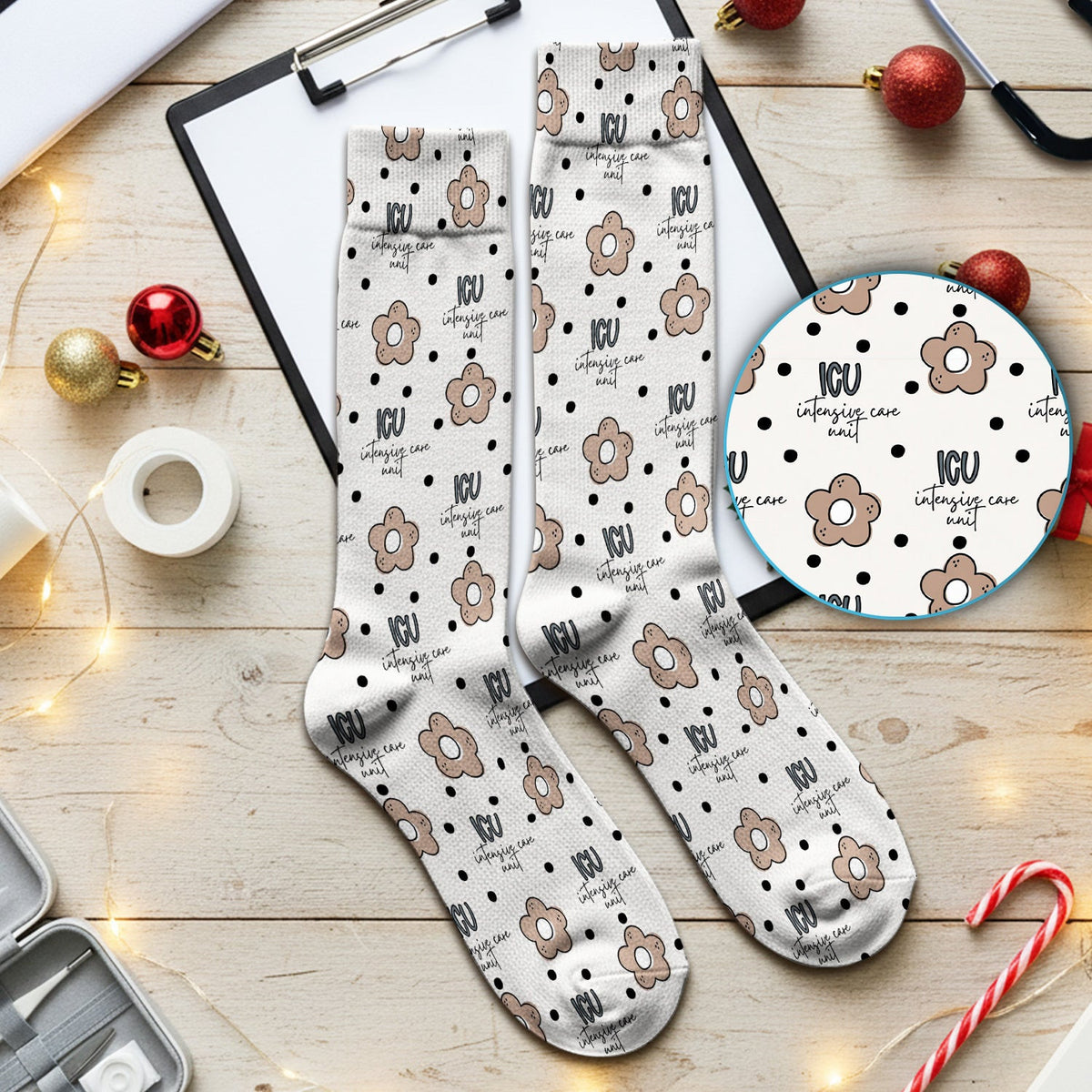 Cute ICU Nurse Flower Polka Dot Pattern Socks, Adult Socks for Men and Women
