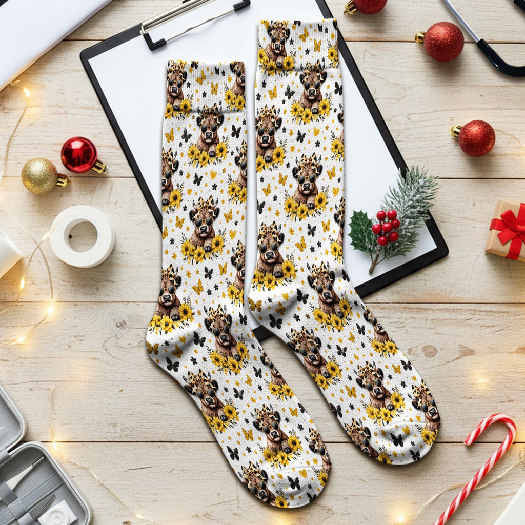 Cow With Sunflower Bow Pattern Socks, Adult Socks for Men and Women