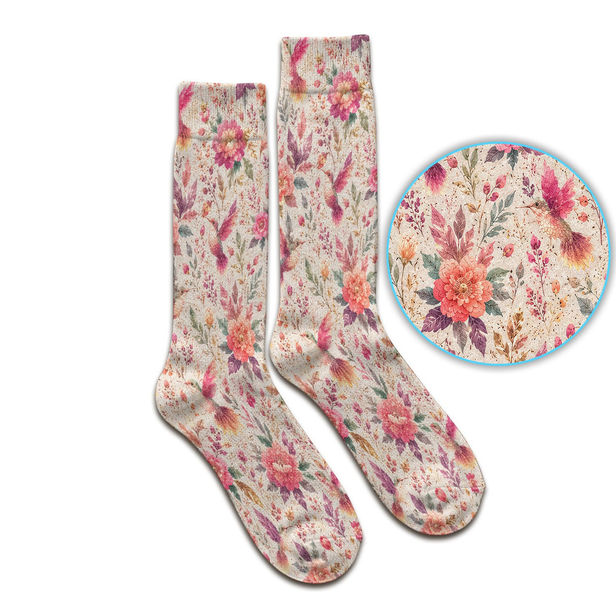 Hummingbird Floral Garden Pattern Socks, Adult Socks for Men and Women