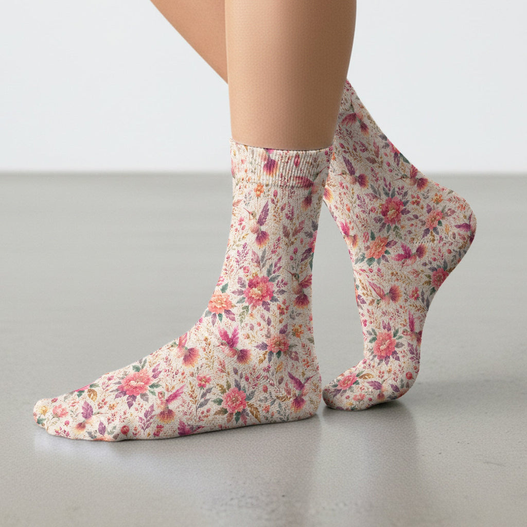 Hummingbird Floral Garden Pattern Socks, Adult Socks for Men and Women