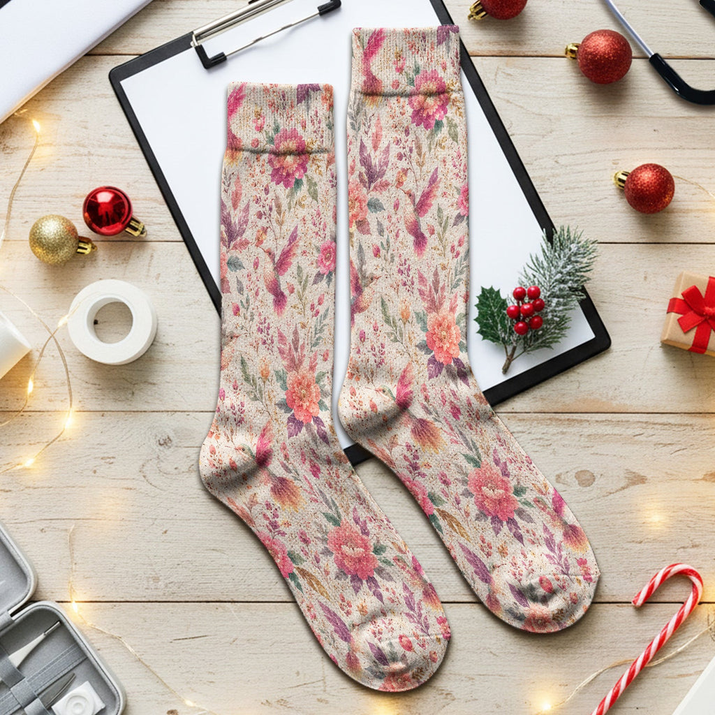 Hummingbird Floral Garden Pattern Socks, Adult Socks for Men and Women