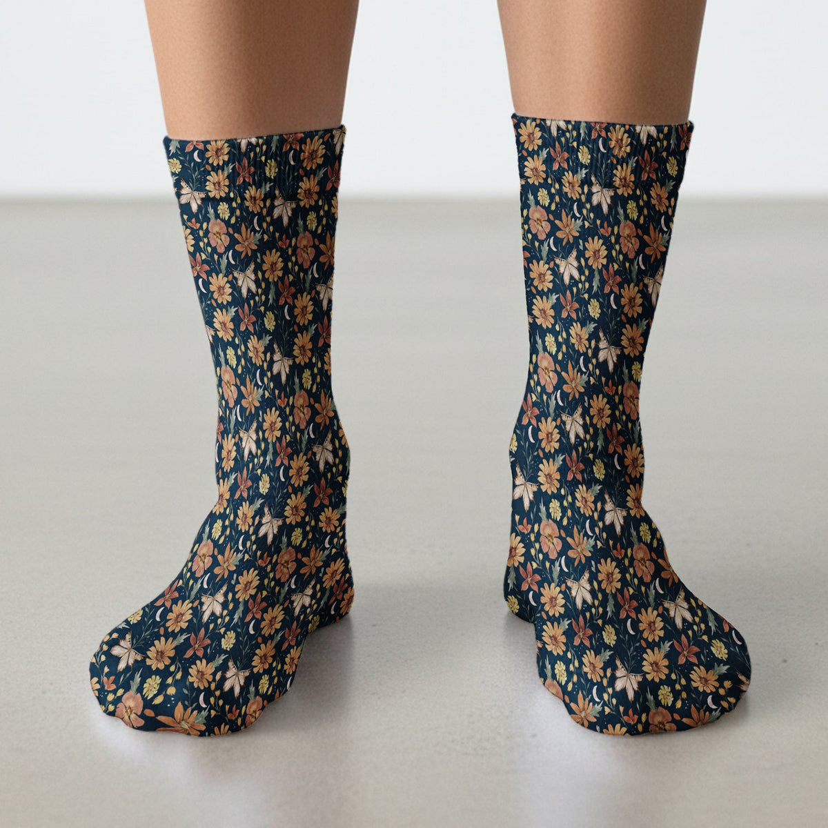 Charming Autumn Floral Butterfly Moon Pattern Socks, Adult Socks for Men and Women