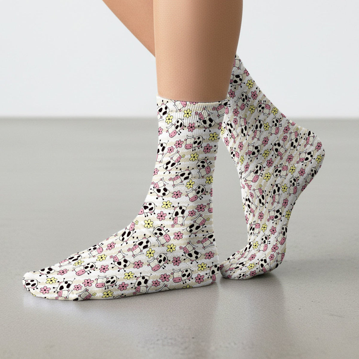 Cute Cartoon Cow Flower Meadow Pattern Nurse Socks, Adult Socks for Men and Women
