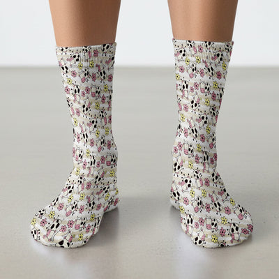 Cute Cartoon Cow Flower Meadow Pattern Nurse Socks, Adult Socks for Men and Women