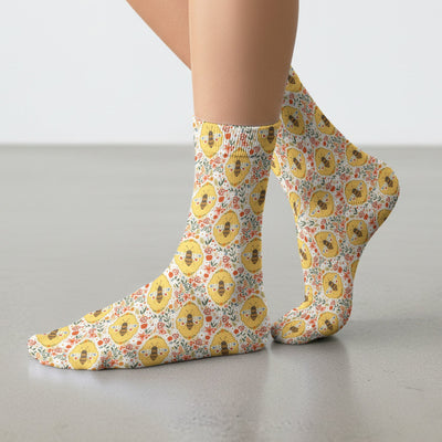 Vintage Honeybee Floral Garden Pattern Nurse Socks, Adult Socks for Men and Women