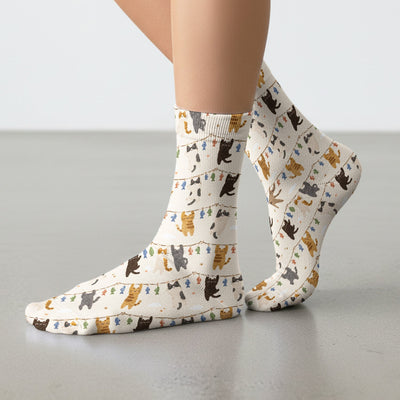 Cute Hanging Cat Fishline Pattern Socks, Adult Socks for Men and Women
