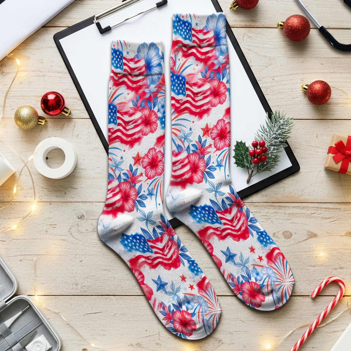 Patriotic American Flag Floral Pattern Socks, Adult Socks for Men and Women