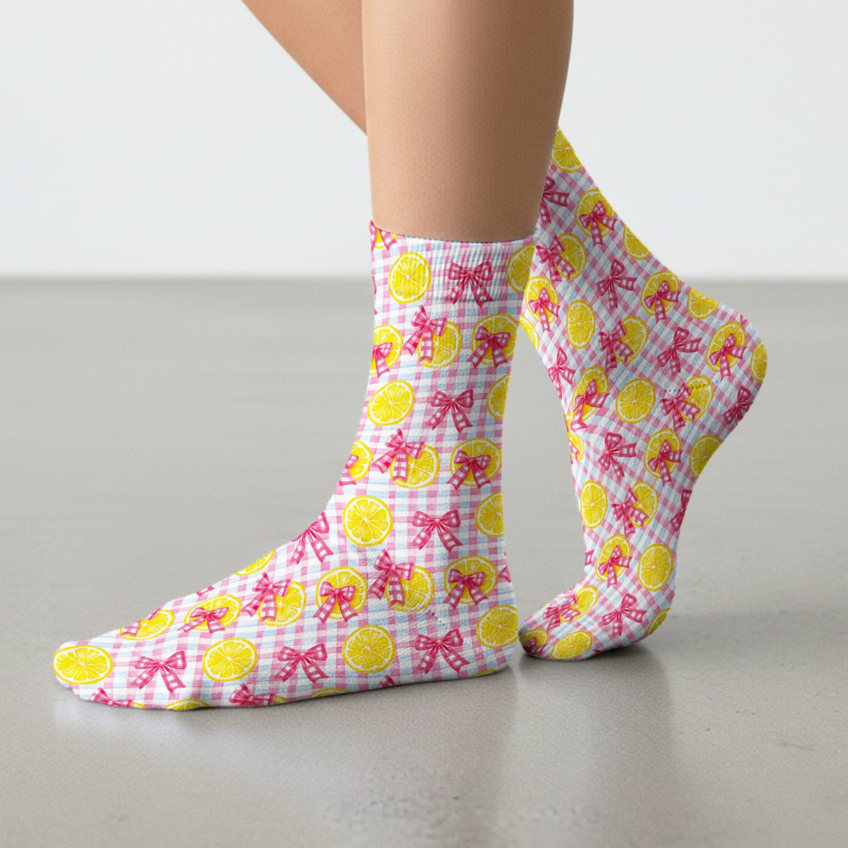 Cute Lemon Slice Pink Bow Gingham Pattern Socks, Adult Socks for Men and Women