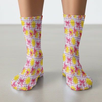 Cute Lemon Slice Pink Bow Gingham Pattern Socks, Adult Socks for Men and Women