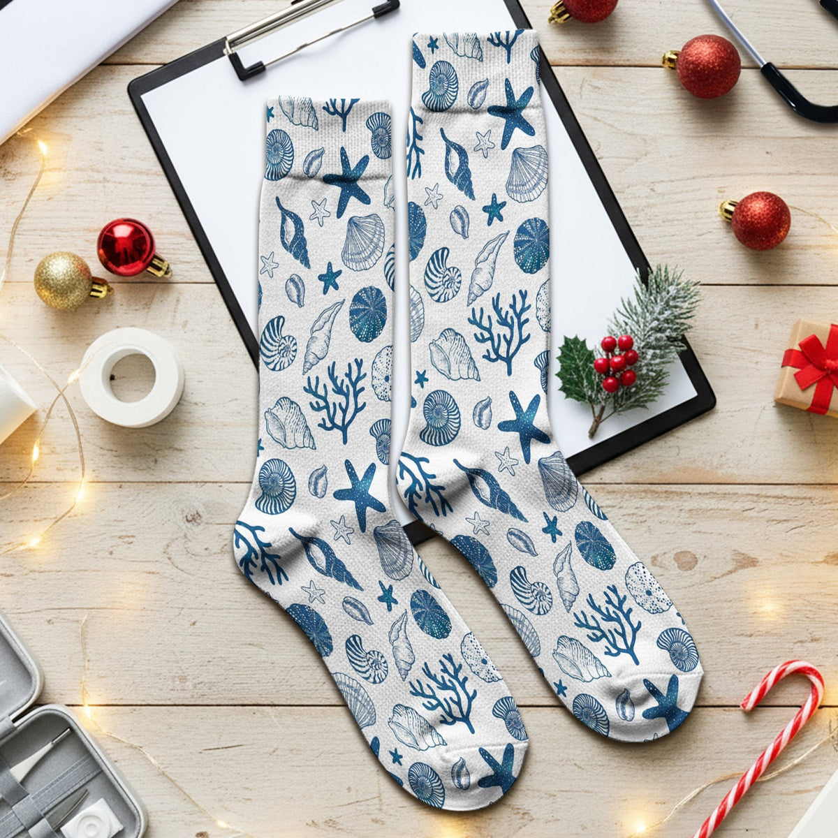 Cute Ocean Shell Starfish Pattern Socks, Adult Socks for Men and Women