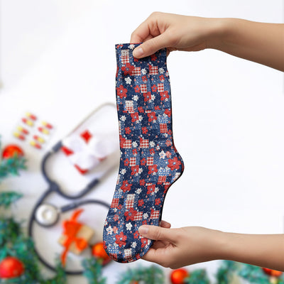 Patriotic Gingham Floral Patchwork Pattern Socks, Adult Socks for Men and Women