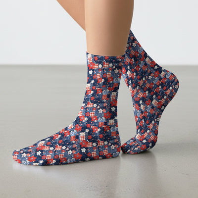 Patriotic Gingham Floral Patchwork Pattern Socks, Adult Socks for Men and Women