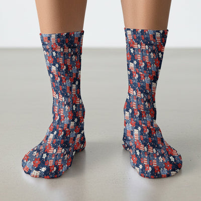 Patriotic Gingham Floral Patchwork Pattern Socks, Adult Socks for Men and Women