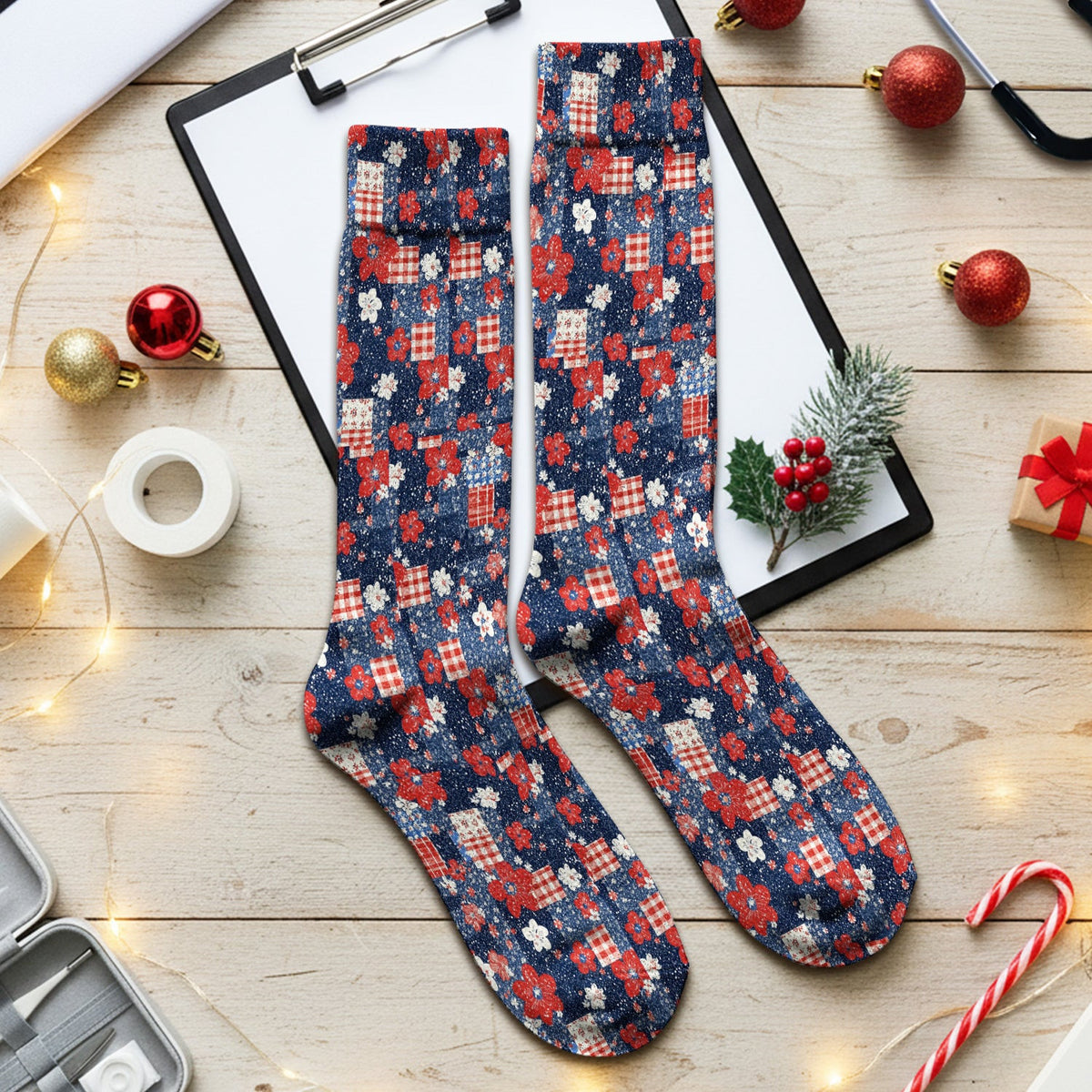 Patriotic Gingham Floral Patchwork Pattern Socks, Adult Socks for Men and Women