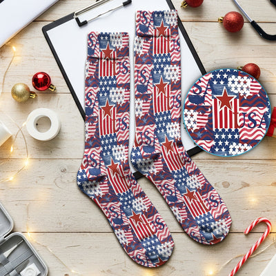 Patriotic USA Star Patchwork Pattern Socks, Adult Socks for Men and Women