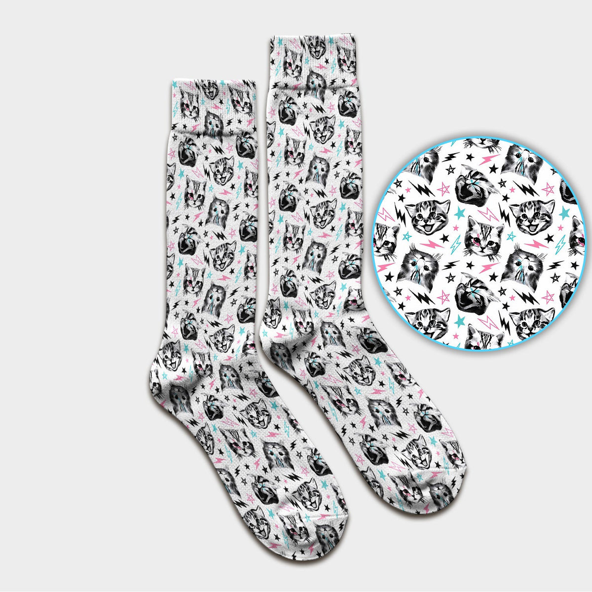 Playful Cat Faces Lightning Pattern Socks, Adult Socks for Men and Women