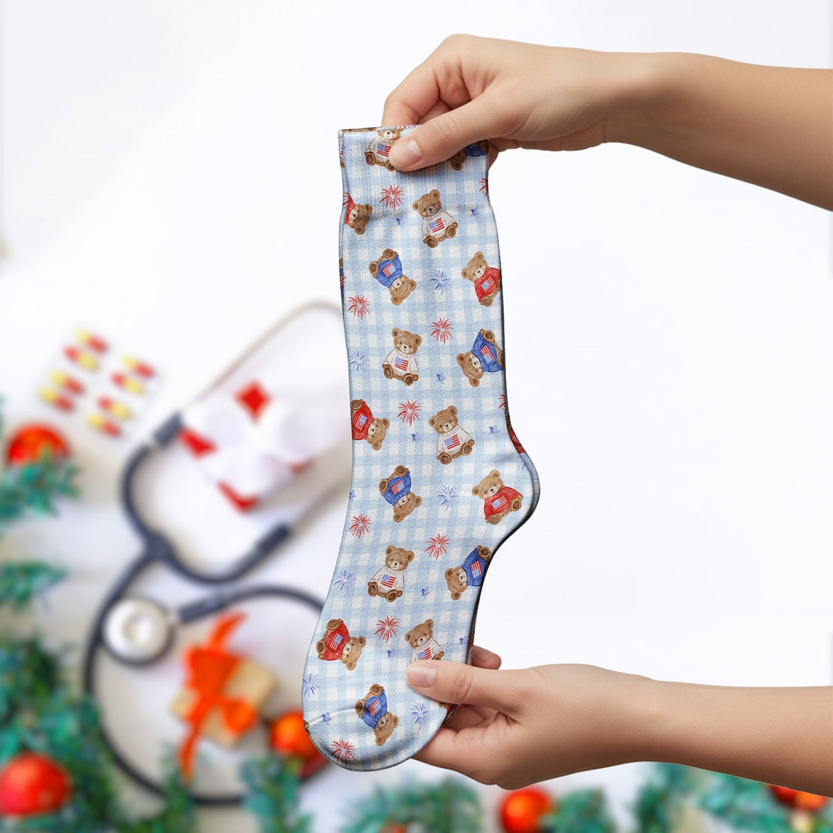 Cute Patriotic Teddy Bear Firework Gingham Pattern Socks, Adult Socks for Men and Women