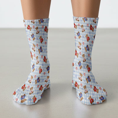 Cute Patriotic Teddy Bear Firework Gingham Pattern Socks, Adult Socks for Men and Women