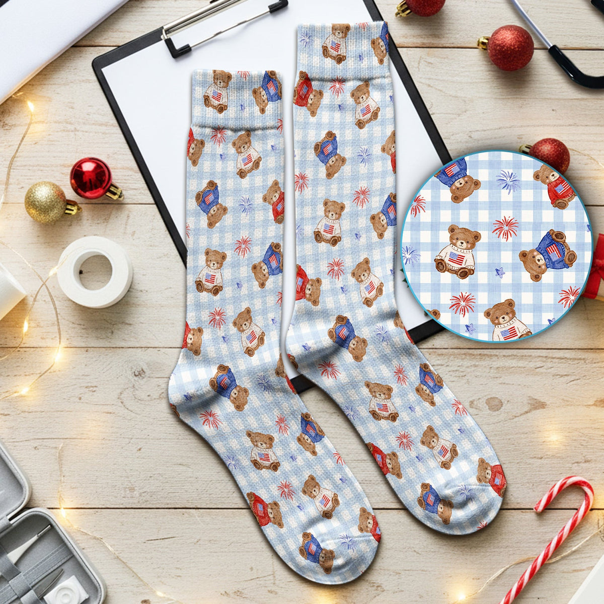 Cute Patriotic Teddy Bear Firework Gingham Pattern Socks, Adult Socks for Men and Women