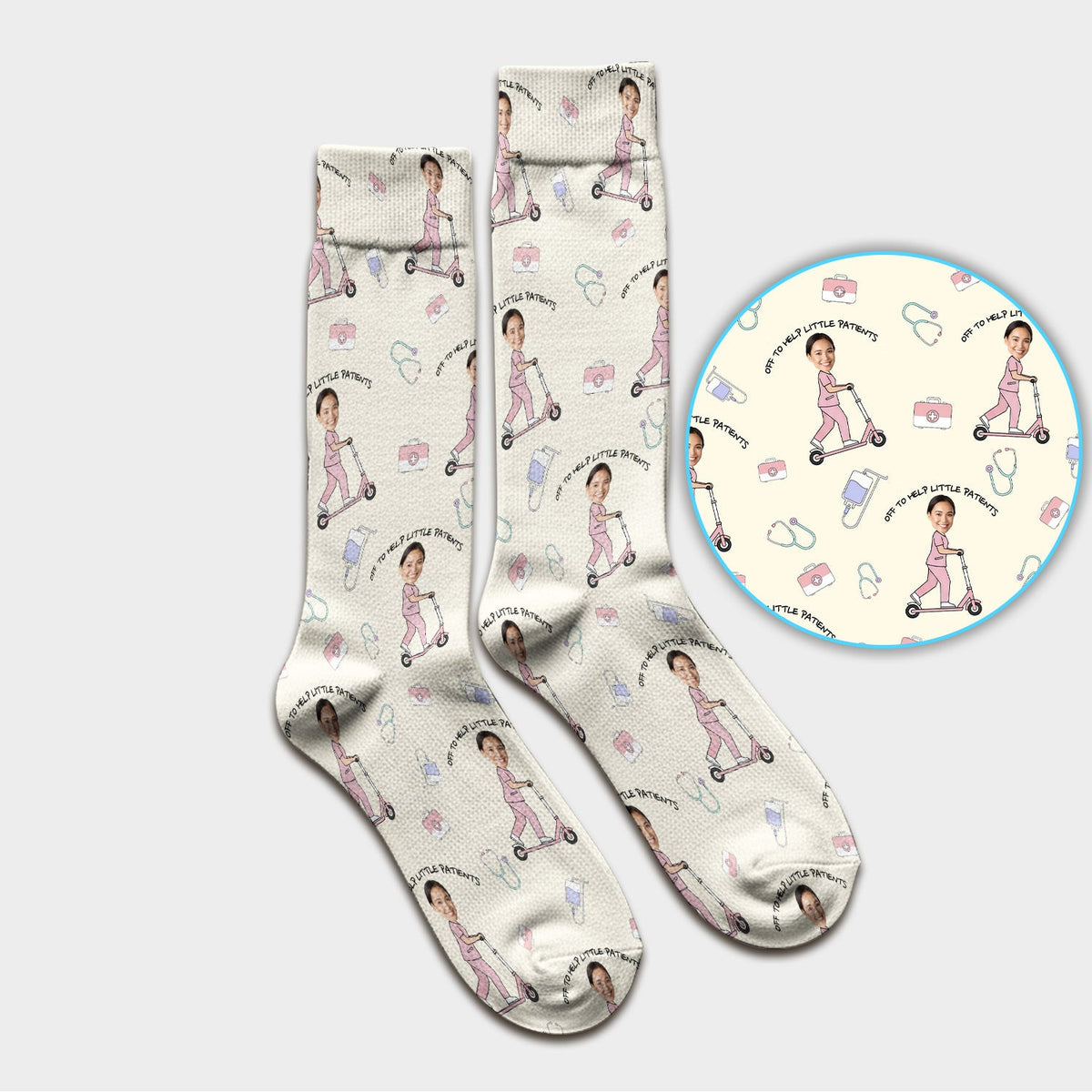 Custom Face Pediatric Nurse Scooter Pattern Socks, Breathable Fabrics Medical Uniform