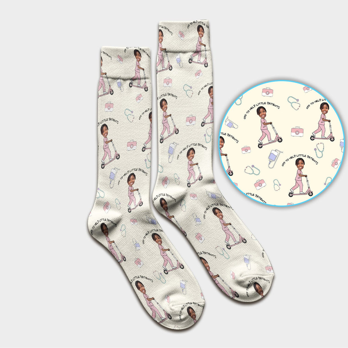 Custom Face Pediatric Nurse Scooter Pattern Socks, Breathable Fabrics Medical Uniform
