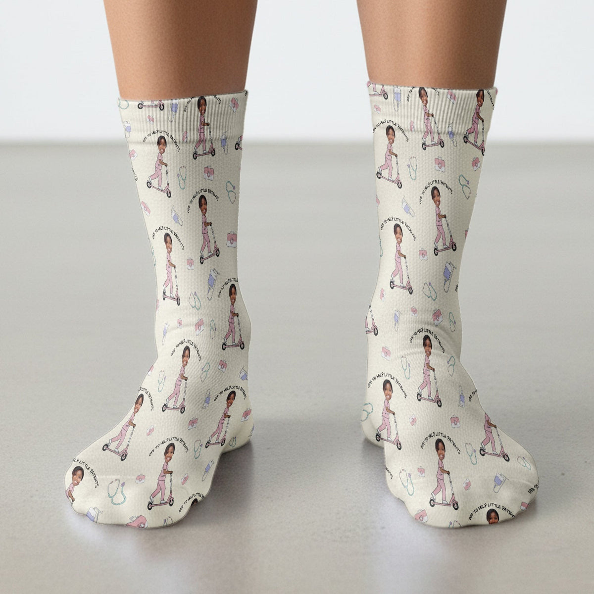 Custom Face Pediatric Nurse Scooter Pattern Socks, Breathable Fabrics Medical Uniform