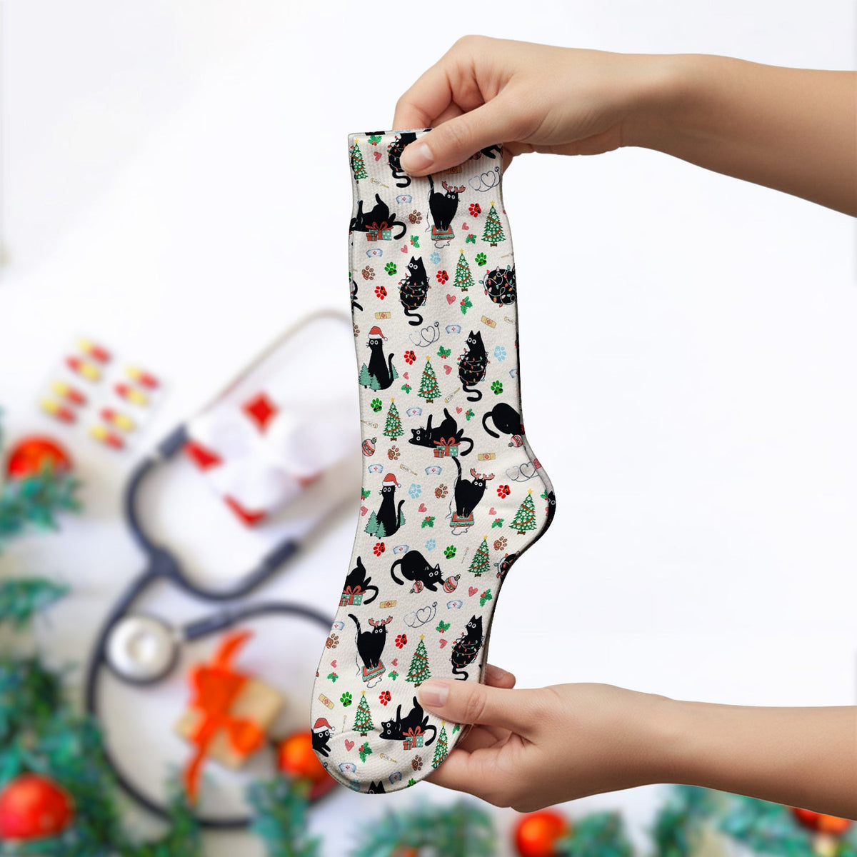Black Cat Christmas Nurse Scrub Socks, Festive Kitty Medical Uniform for Women
