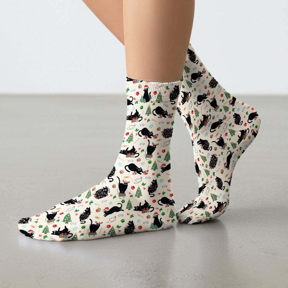 Black Cat Christmas Nurse Scrub Socks, Festive Kitty Medical Uniform for Women