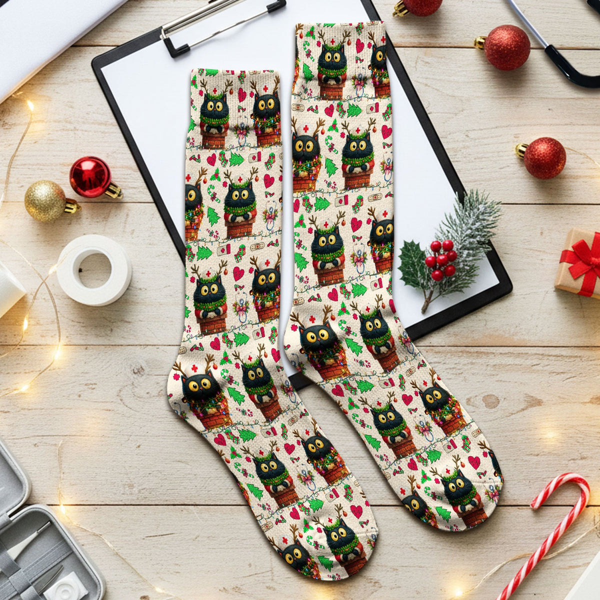 Funny Black Cat Socks for Nurse Doctor - Cute Reindeer Cat with Christmas Lights - Adult Socks for Men and Women
