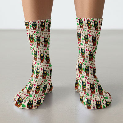 Funny Black Cat Socks for Nurse Doctor - Cute Reindeer Cat with Christmas Lights - Adult Socks for Men and Women
