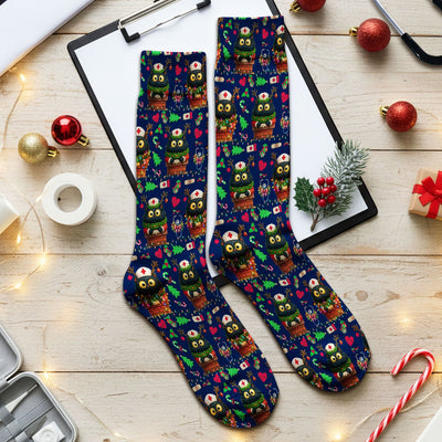 Funny Black Cat Socks for Nurse Doctor - Cute Reindeer Cat with Christmas Lights - Adult Socks for Men and Women