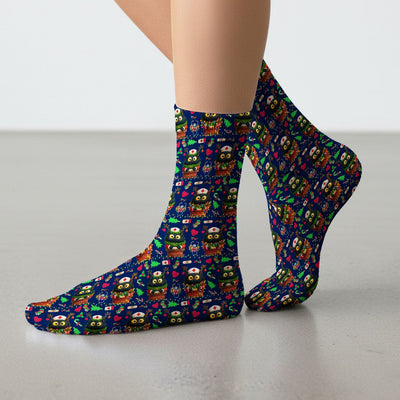 Funny Black Cat Socks for Nurse Doctor - Cute Reindeer Cat with Christmas Lights - Adult Socks for Men and Women