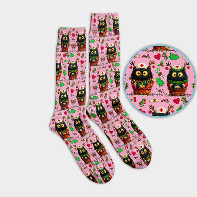 Funny Black Cat Socks for Nurse Doctor - Cute Reindeer Cat with Christmas Lights - Adult Socks for Men and Women