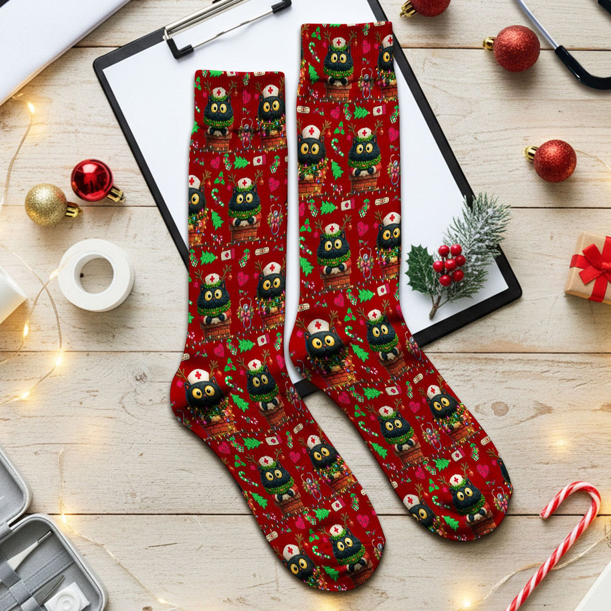 Funny Black Cat Socks for Nurse Doctor - Cute Reindeer Cat with Christmas Lights - Adult Socks for Men and Women