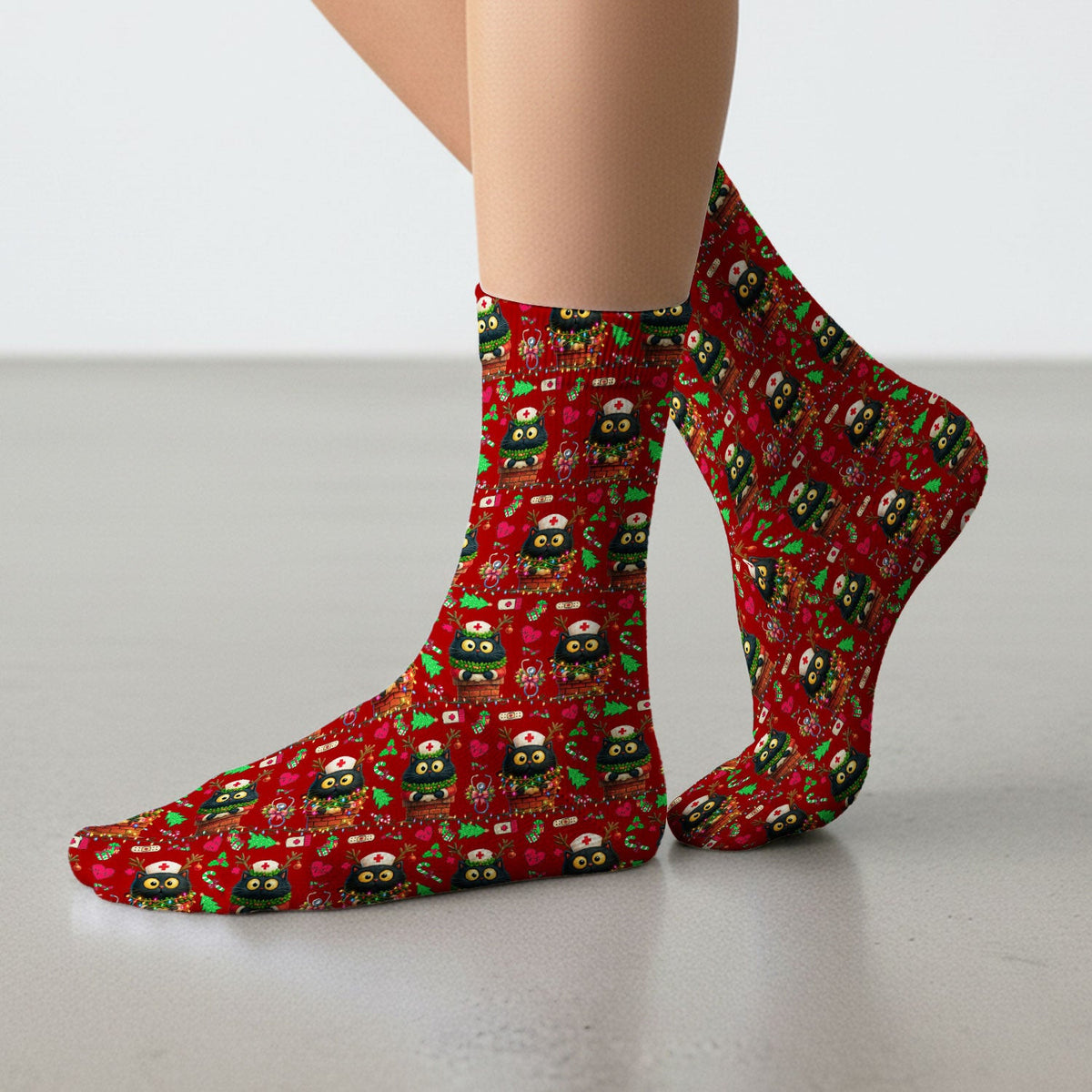 Funny Black Cat Socks for Nurse Doctor - Cute Reindeer Cat with Christmas Lights - Adult Socks for Men and Women