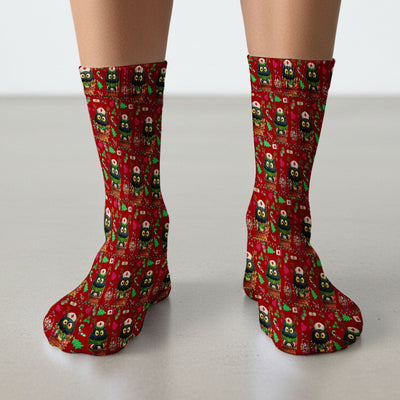 Funny Black Cat Socks for Nurse Doctor - Cute Reindeer Cat with Christmas Lights - Adult Socks for Men and Women