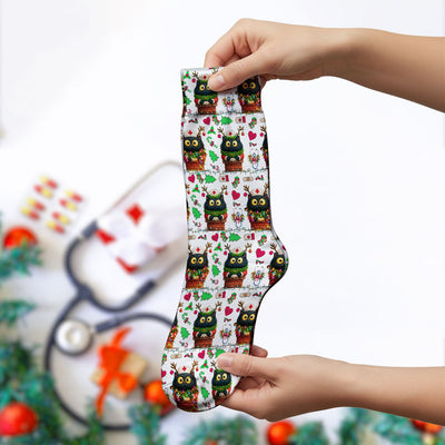 Funny Black Cat Socks for Nurse Doctor - Cute Reindeer Cat with Christmas Lights - Adult Socks for Men and Women