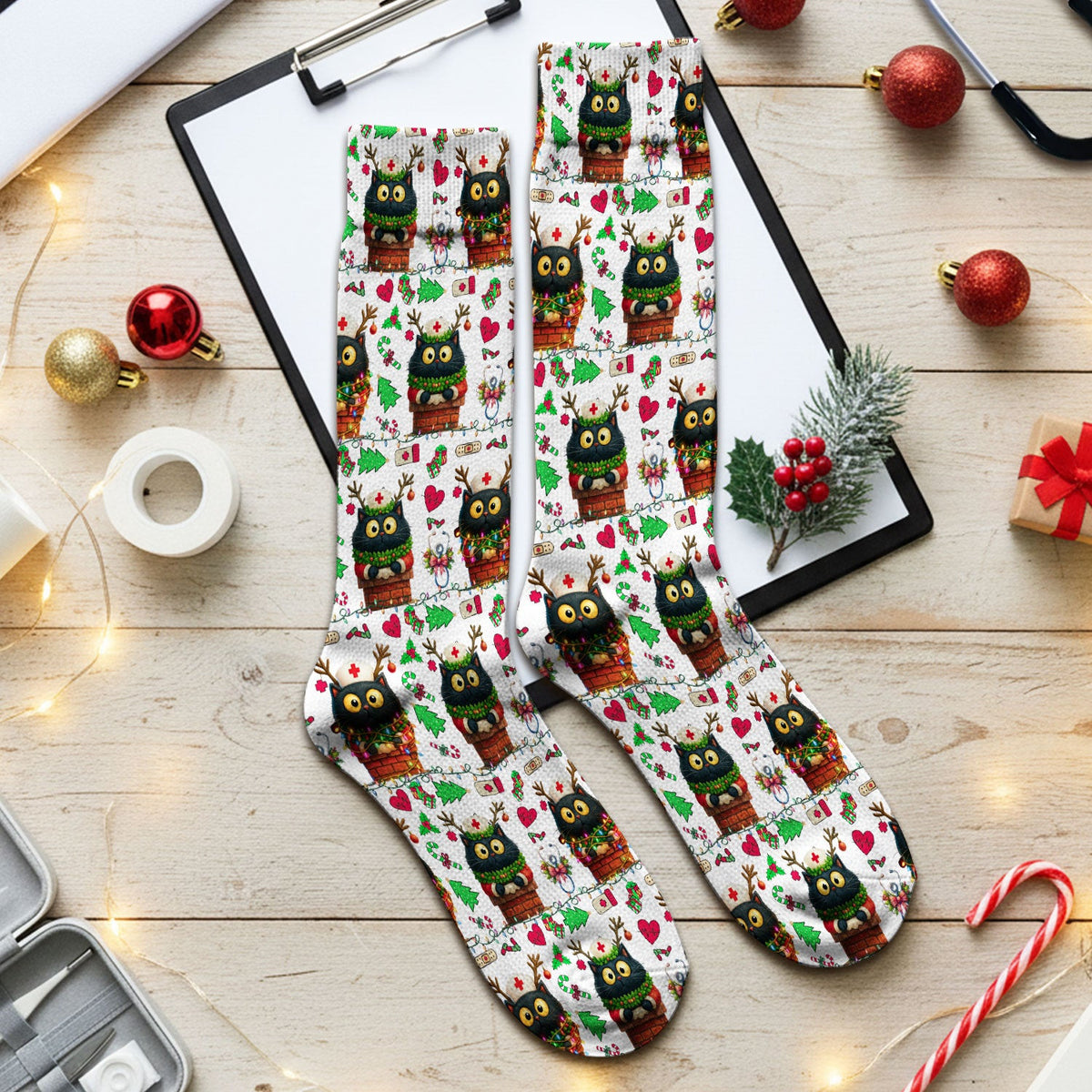 Funny Black Cat Socks for Nurse Doctor - Cute Reindeer Cat with Christmas Lights - Adult Socks for Men and Women