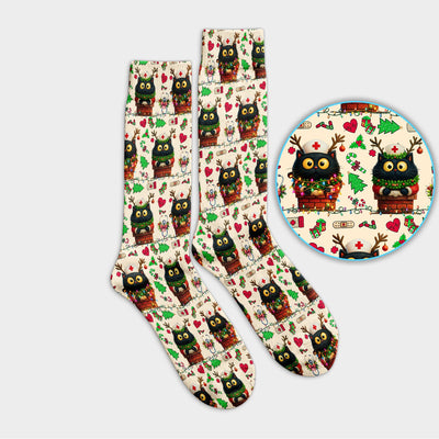 Funny Black Cat Socks for Nurse Doctor - Cute Reindeer Cat with Christmas Lights - Adult Socks for Men and Women