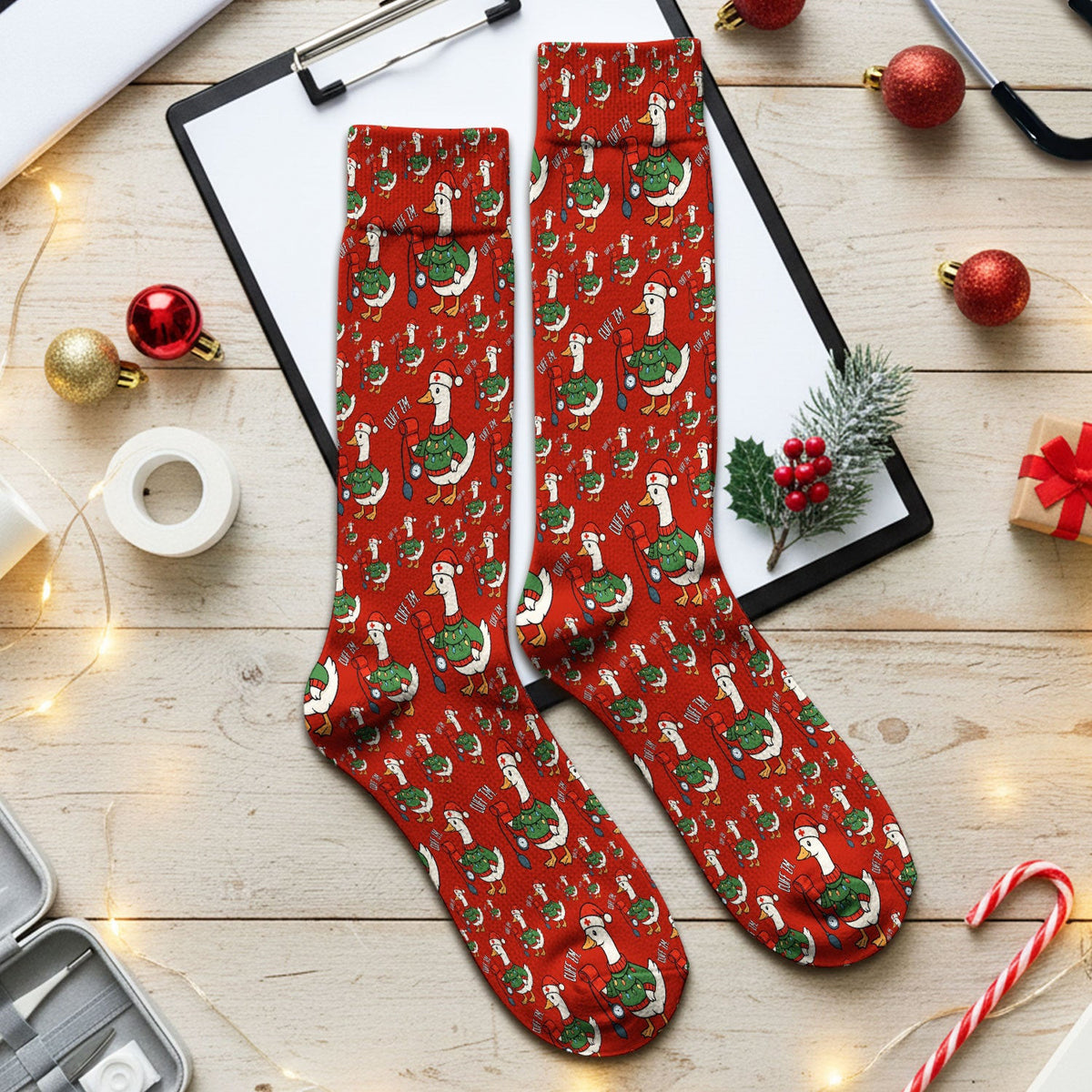 Nurse Christmas Duck Scrub Socks, Cute Goose Pattern Scrub Sock, RN LPN CNA Nursing Uniform