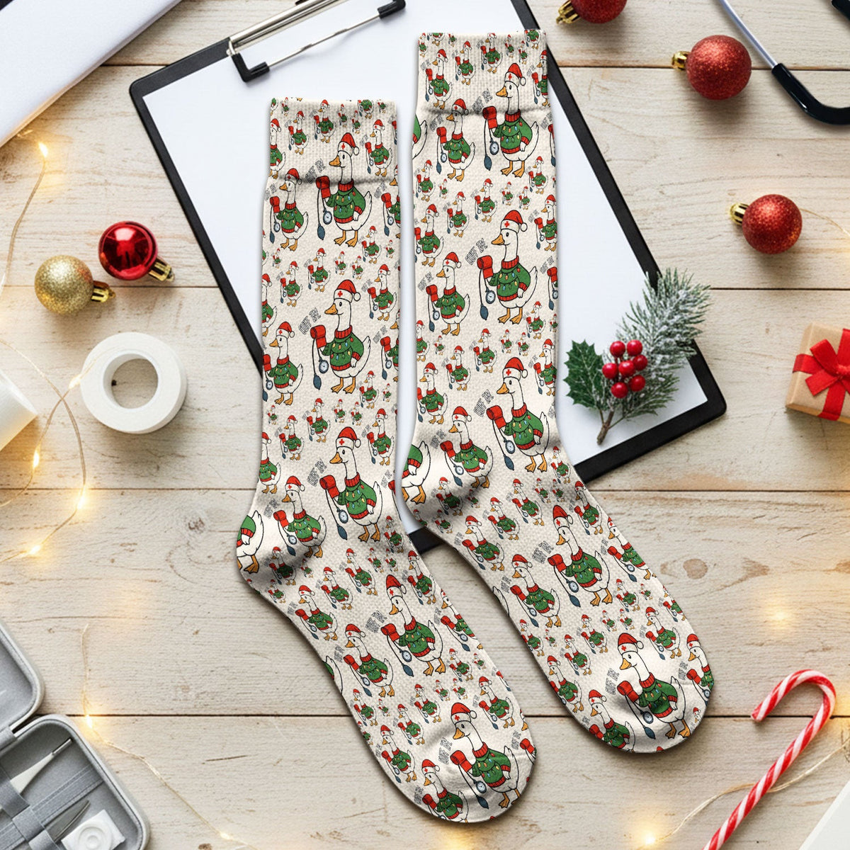 Nurse Christmas Duck Scrub Socks, Cute Goose Pattern Scrub Sock, RN LPN CNA Nursing Uniform