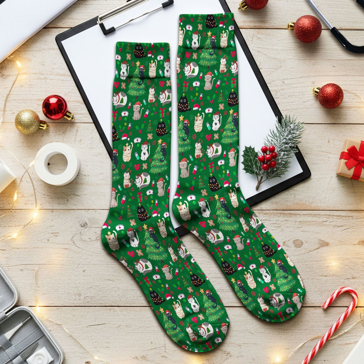 Christmas Cat Scrub Socks, Xmas Pet Pattern Scrub Sock, Breathable Fabrics Nursing Uniform