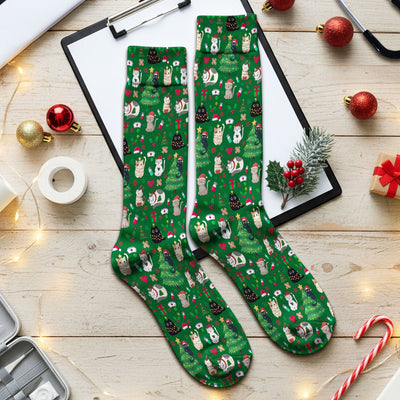 Christmas Cat Scrub Socks, Xmas Pet Pattern Scrub Sock, Breathable Fabrics Nursing Uniform