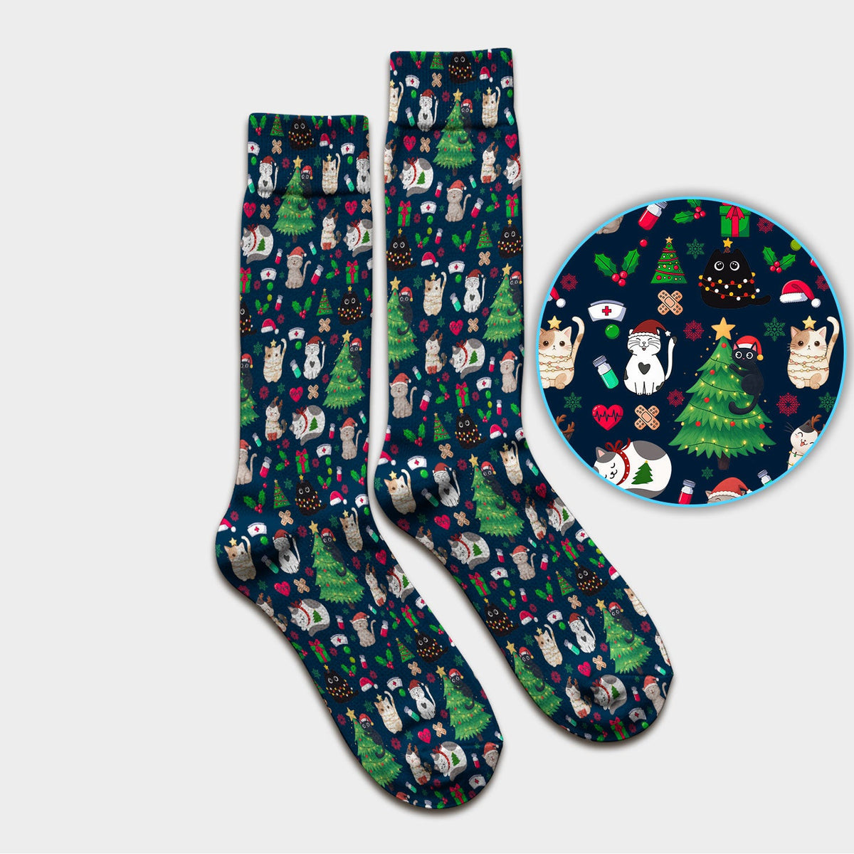 Christmas Cat Scrub Socks, Xmas Pet Pattern Scrub Sock, Breathable Fabrics Nursing Uniform