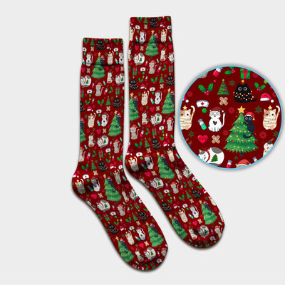 Christmas Cat Scrub Socks, Xmas Pet Pattern Scrub Sock, Breathable Fabrics Nursing Uniform